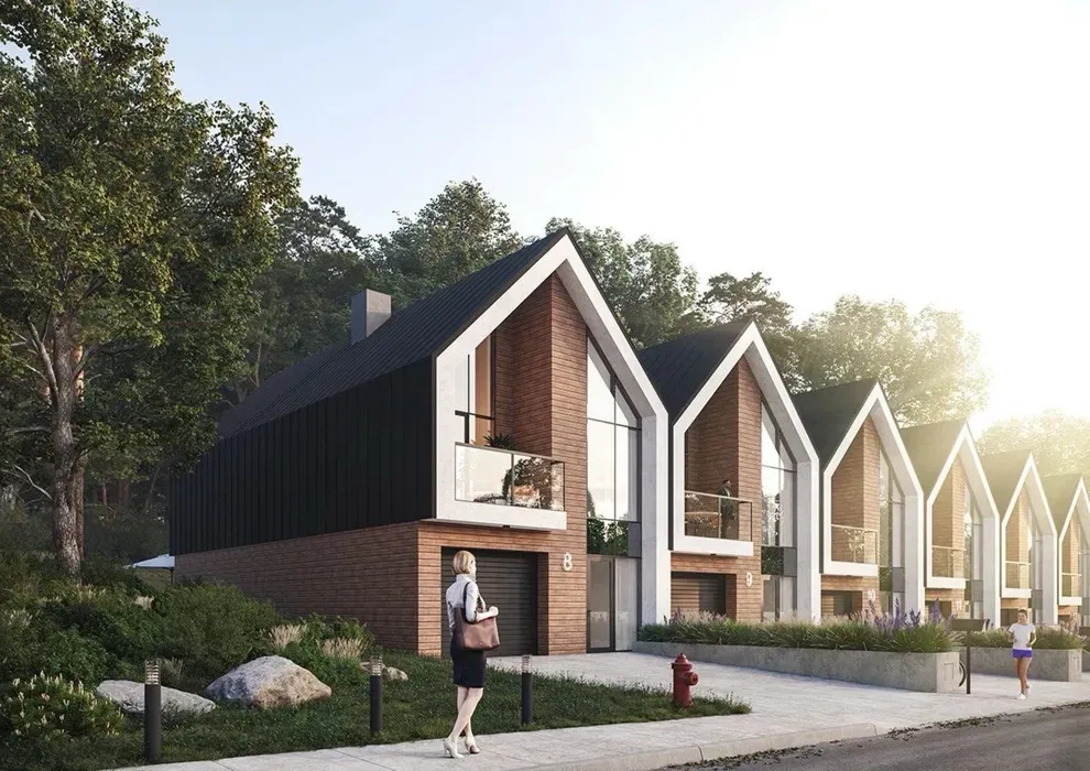 Візуалізація фасаду будівлі з текстурами, освітленням та озелененням