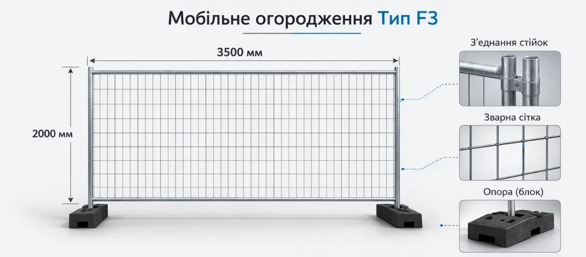 Мобільне огородження тип F3 — модульне тимчасове бар’єрне рішення