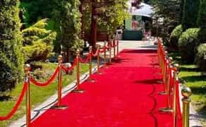 Червона доріжка та золоті стовпчики з канатами.