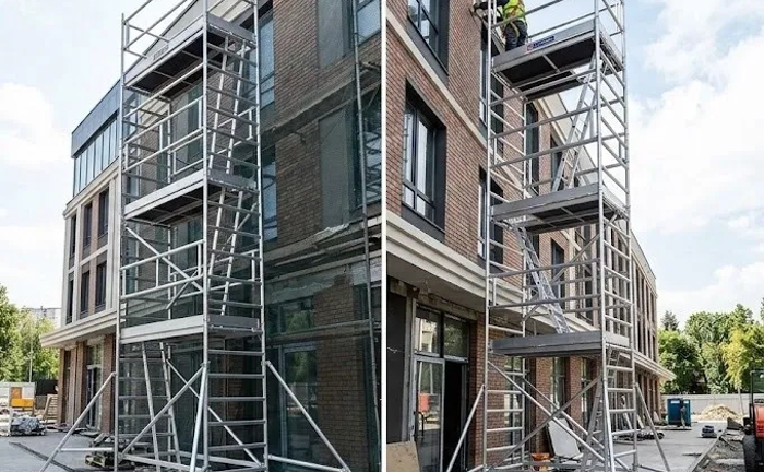 Алюмінієва вишка-тура на колесах вузька 10м Алюмінієва вишка-тура на колесах вузька 10м