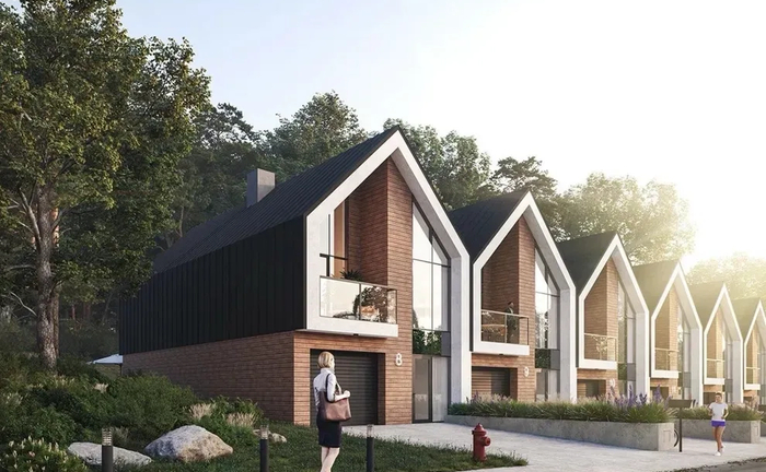 Візуалізація фасаду будівлі з текстурами, освітленням та озелененням Візуалізація фасаду будівлі з текстурами, освітленням та озелененням