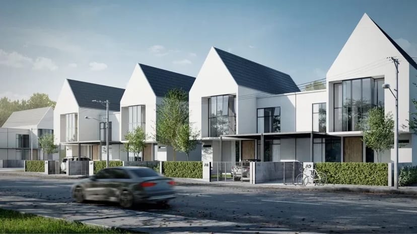 Візуалізація фасаду будівлі з текстурами, освітленням та озелененням