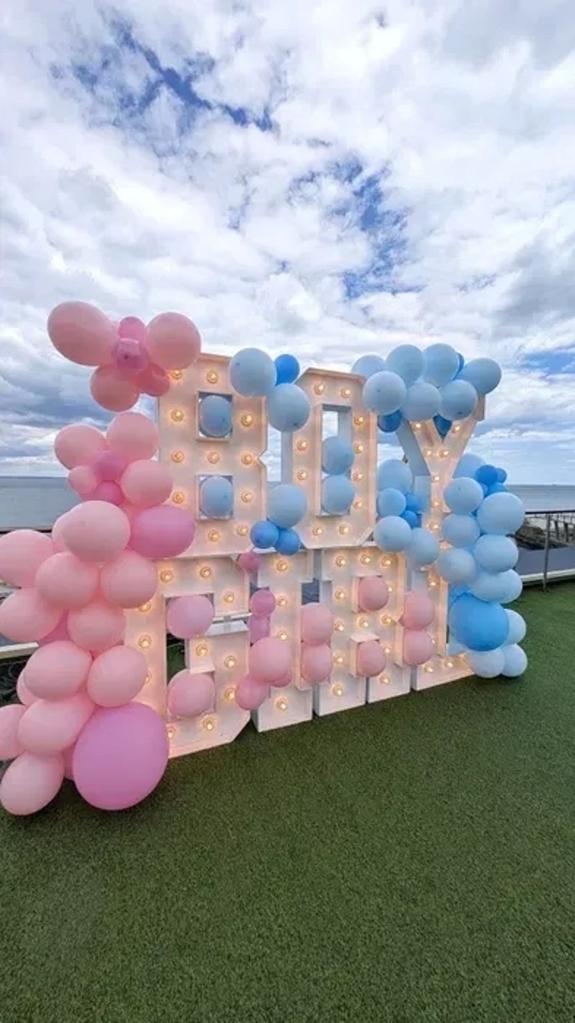 Літери для ґендер паті baby, ведуча, Фотозона, букви, дим, салют, кульки