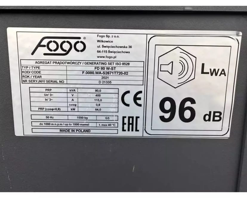 Генератор дизельний FOGO FD 80 W-ST (62 кВт)