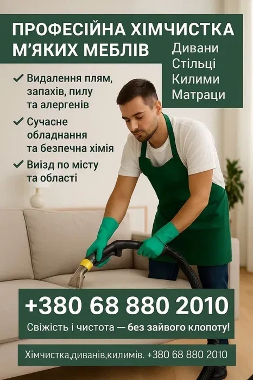 Химчистка диванов, стульев, ковров.хімчистка салону автомобіля