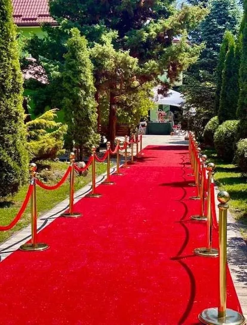 Червона доріжка та золоті стовпчики з канатами.